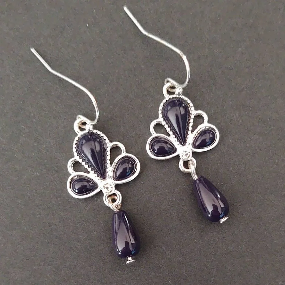 Navy and silver drop earrings with cz accents